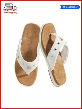 Studded Flip Flops Faux Leather Rubber Sole Non-Slip Summer Beach Walking